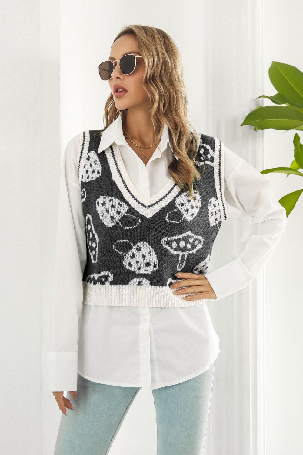 Printed Plunge Neck Sweater Vest Print on any thing USA/STOD clothes