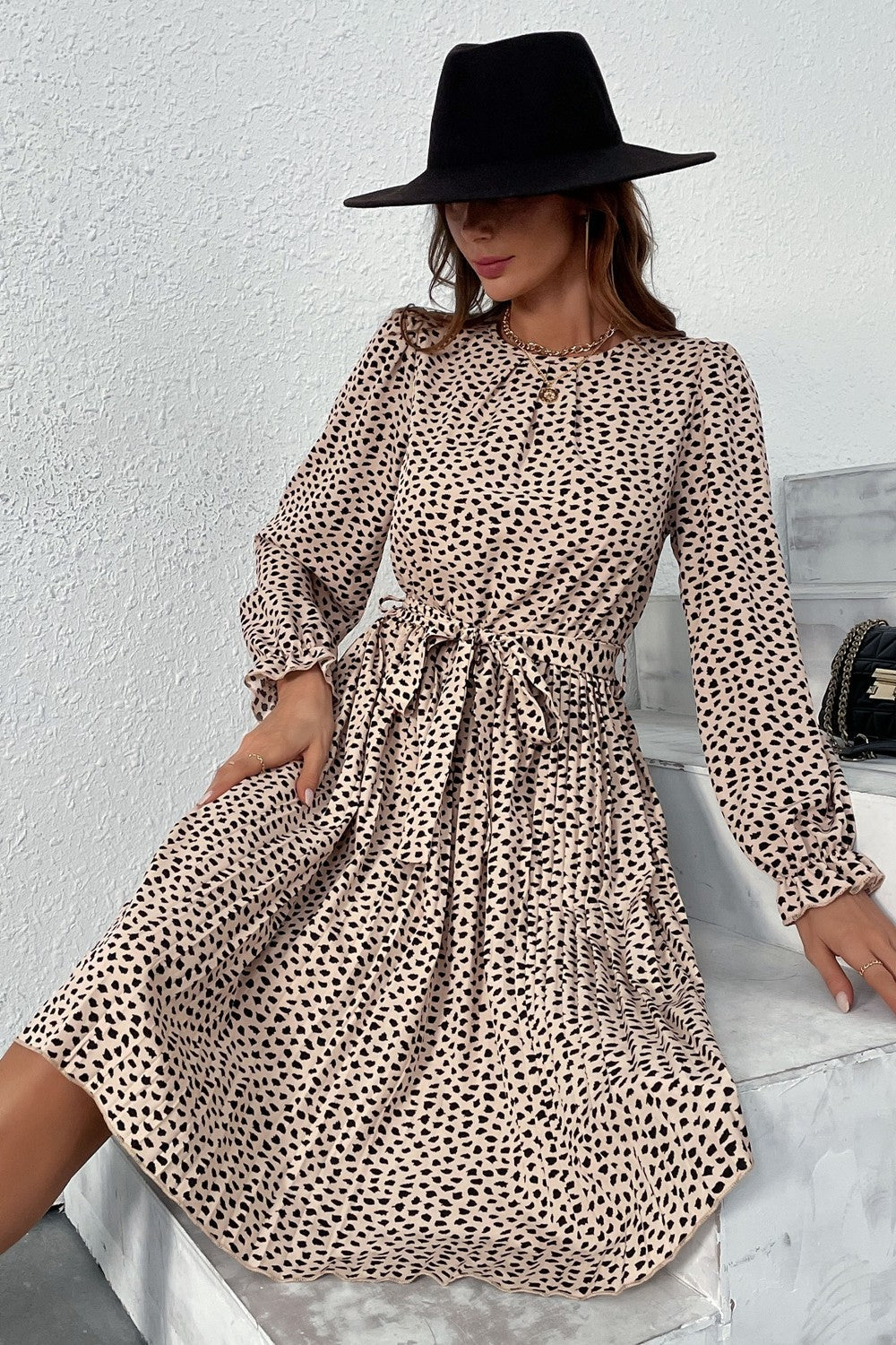 Printed Round Neck Belted Pleated Dress Print on any thing USA/STOD clothes