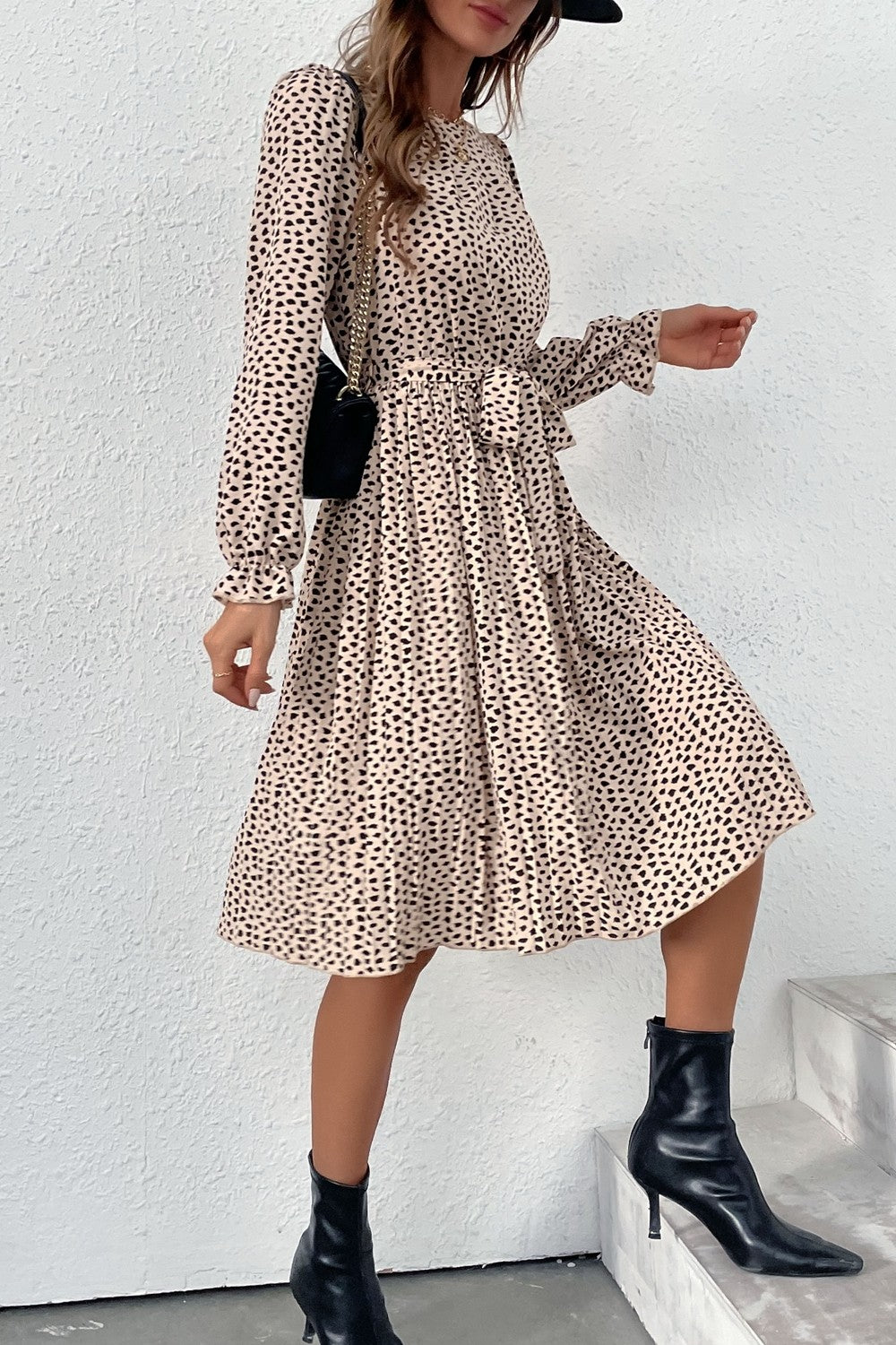 Printed Round Neck Belted Pleated Dress Print on any thing USA/STOD clothes