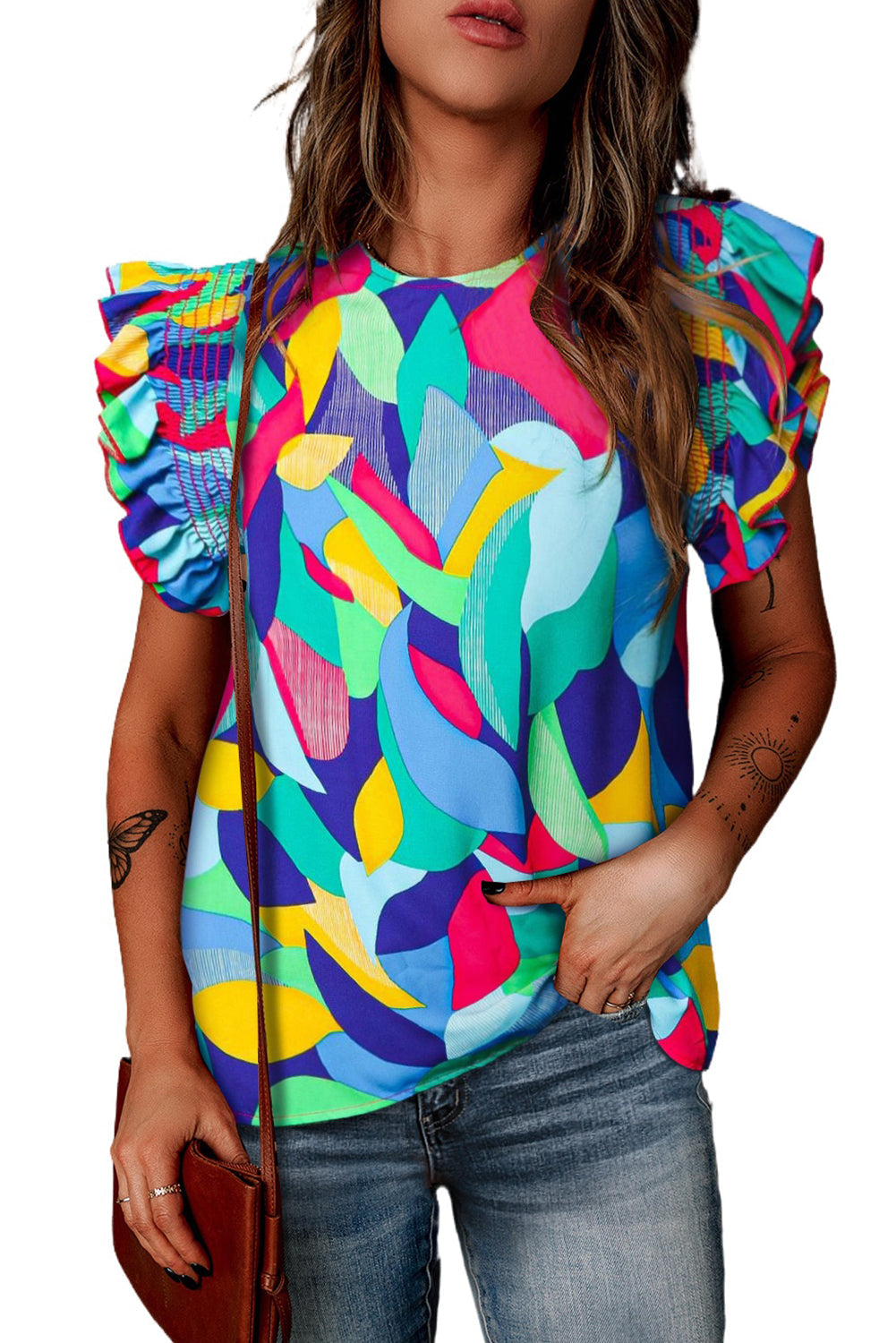 Printed Round Neck Butterfly Sleeve Top Print on any thing USA/STOD clothes
