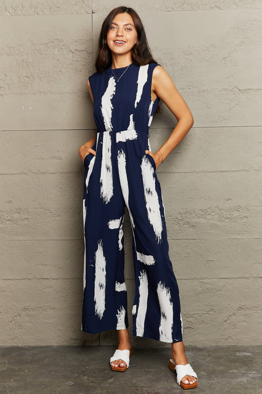 Printed Round Neck Cutout Jumpsuit with Pockets Print on any thing USA/STOD clothes