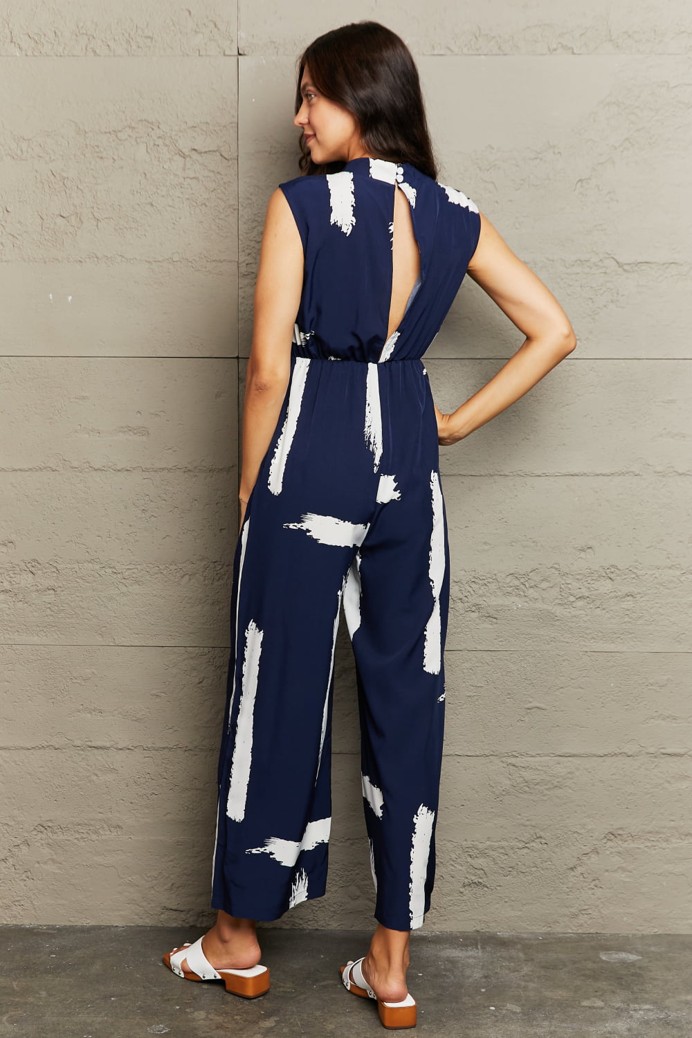 Printed Round Neck Cutout Jumpsuit with Pockets Print on any thing USA/STOD clothes