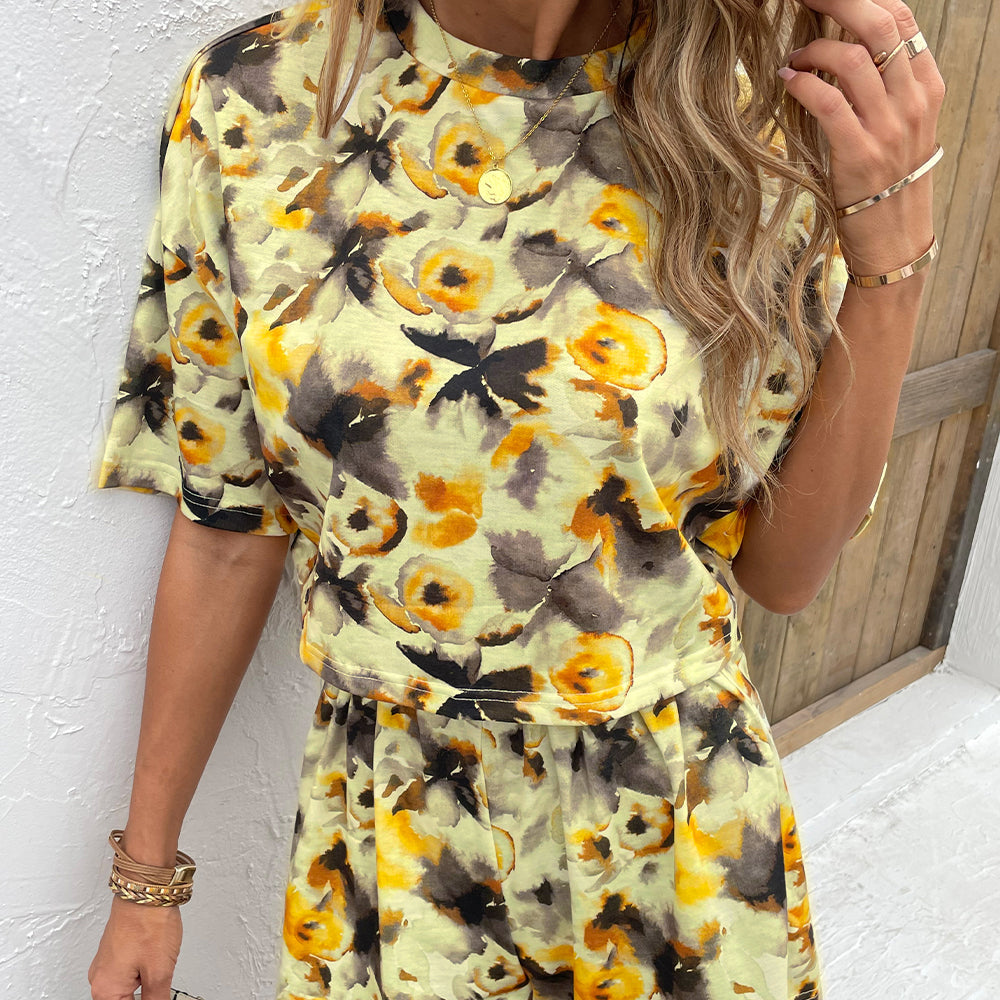 Printed Round Neck Dropped Shoulder Half Sleeve Top and Shorts Set Print on any thing USA/STOD clothes