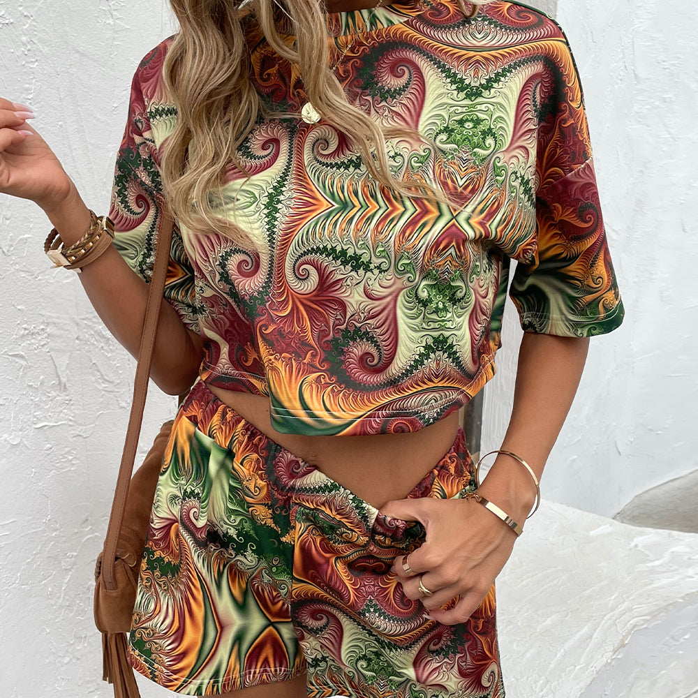 Printed Round Neck Dropped Shoulder Half Sleeve Top and Shorts Set Print on any thing USA/STOD clothes