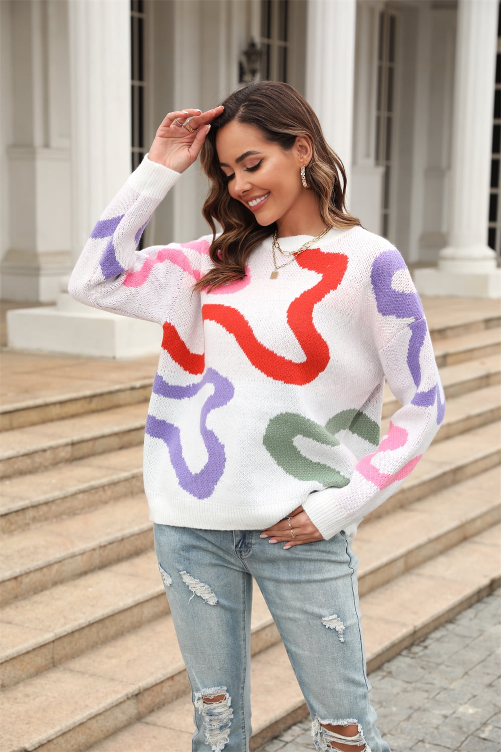 Printed Round Neck Dropped Shoulder Pullover Sweater Print on any thing USA/STOD clothes