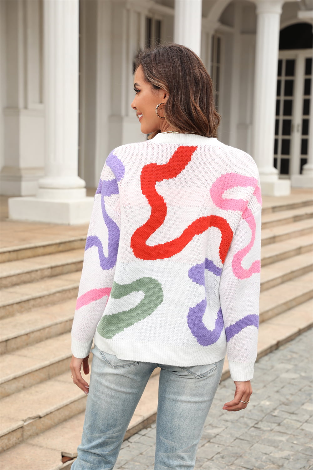 Printed Round Neck Dropped Shoulder Pullover Sweater Print on any thing USA/STOD clothes