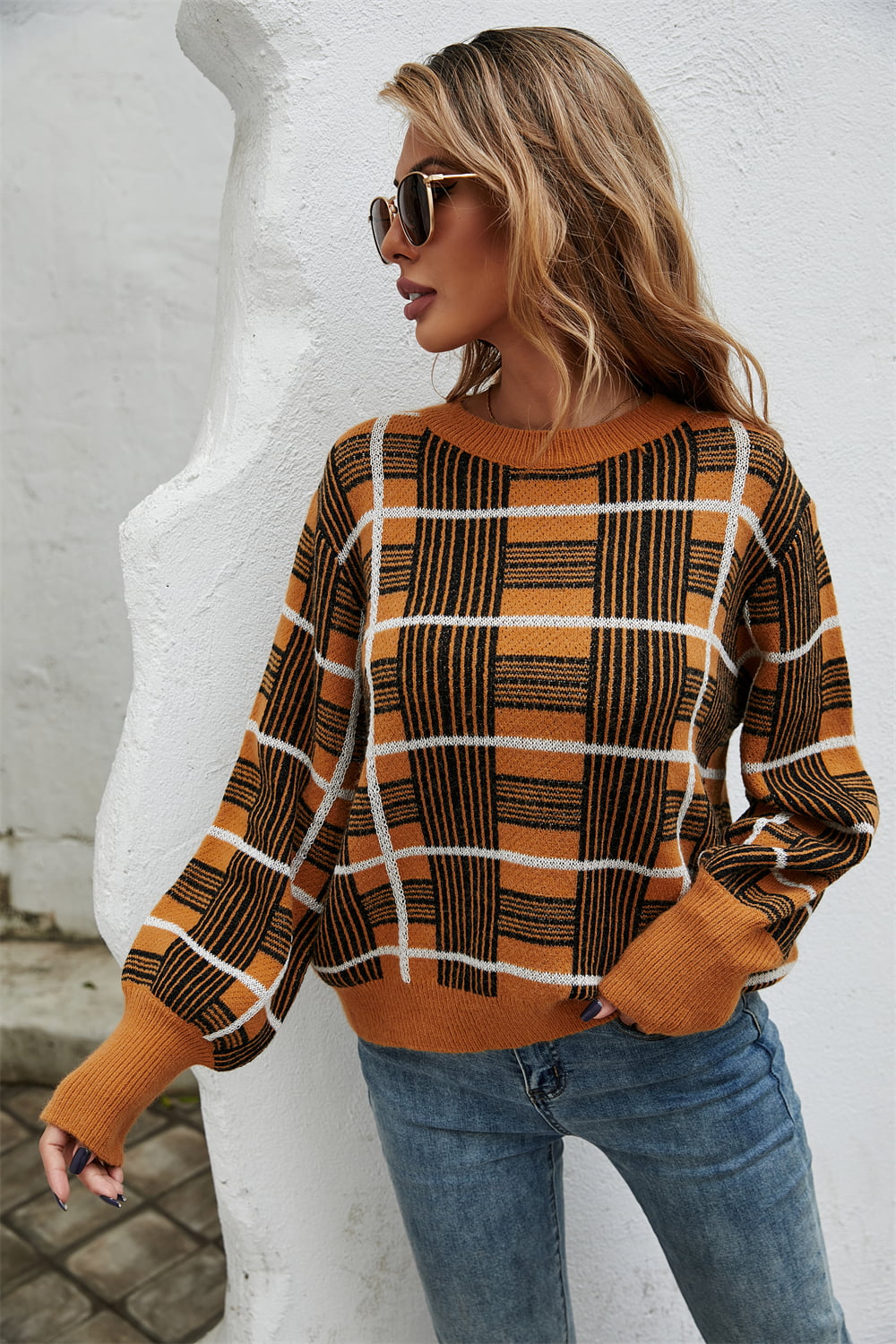 Printed Round Neck Dropped Shoulder Sweater Print on any thing USA/STOD clothes