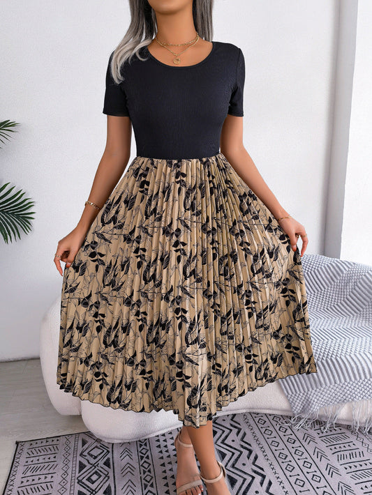 Printed Round Neck Pleated Dress Print on any thing USA/STOD clothes