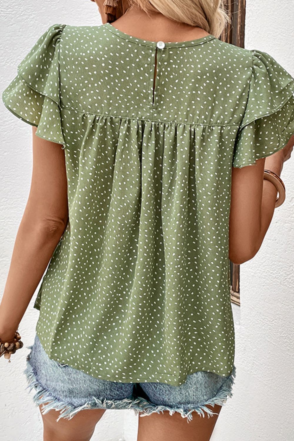 Printed Round Neck Puff Sleeve Blouse Print on any thing USA/STOD clothes