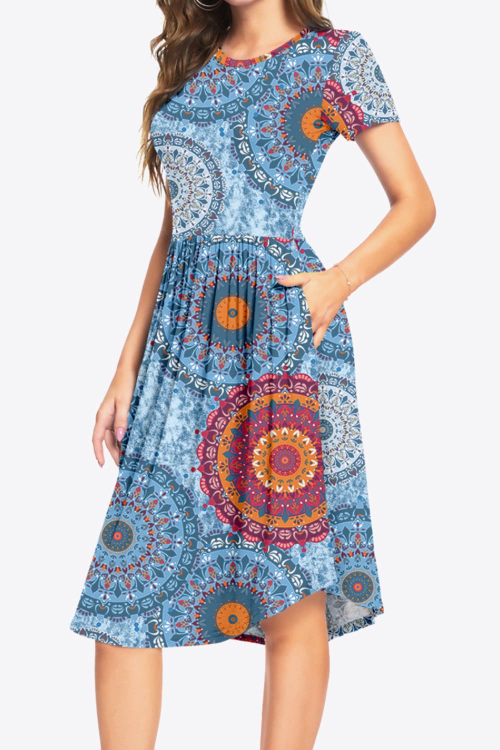 Printed Round Neck Short Sleeve Dress with Pockets Print on any thing USA/STOD clothes