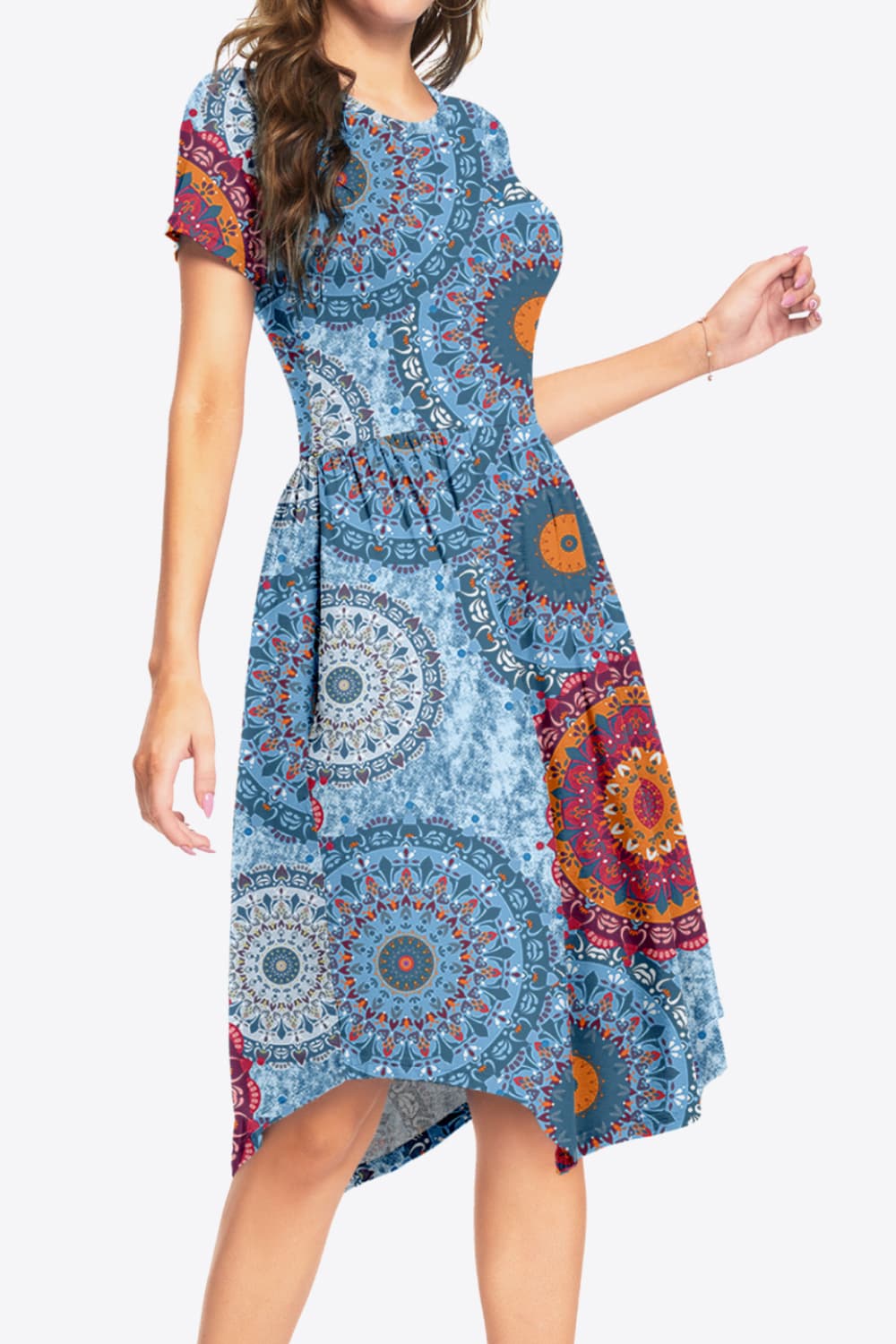 Printed Round Neck Short Sleeve Dress with Pockets Print on any thing USA/STOD clothes