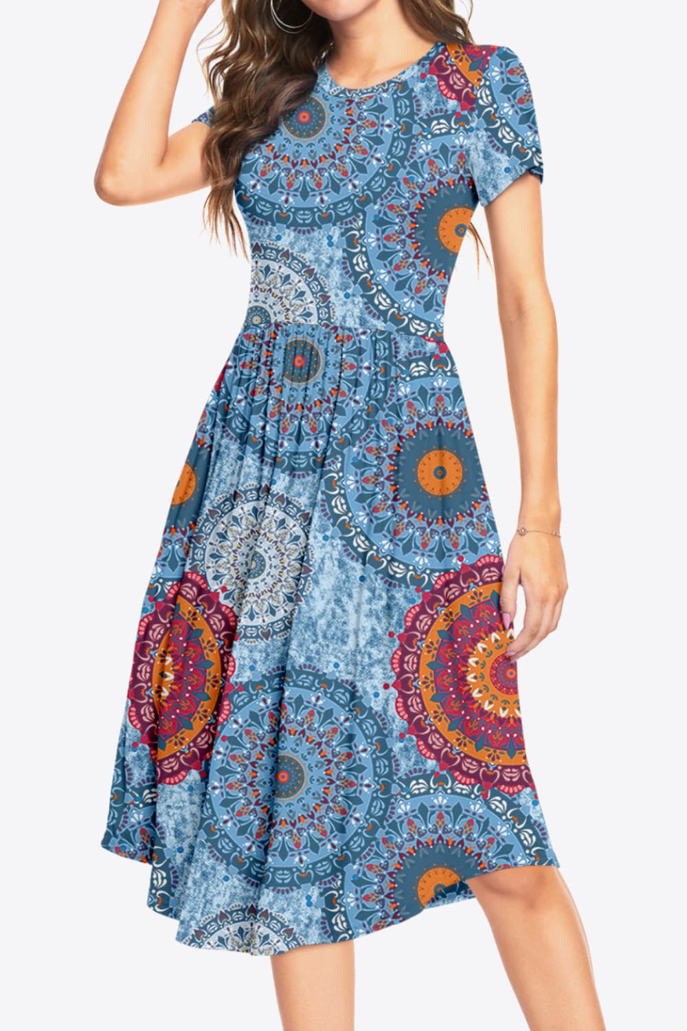 Printed Round Neck Short Sleeve Dress with Pockets Print on any thing USA/STOD clothes