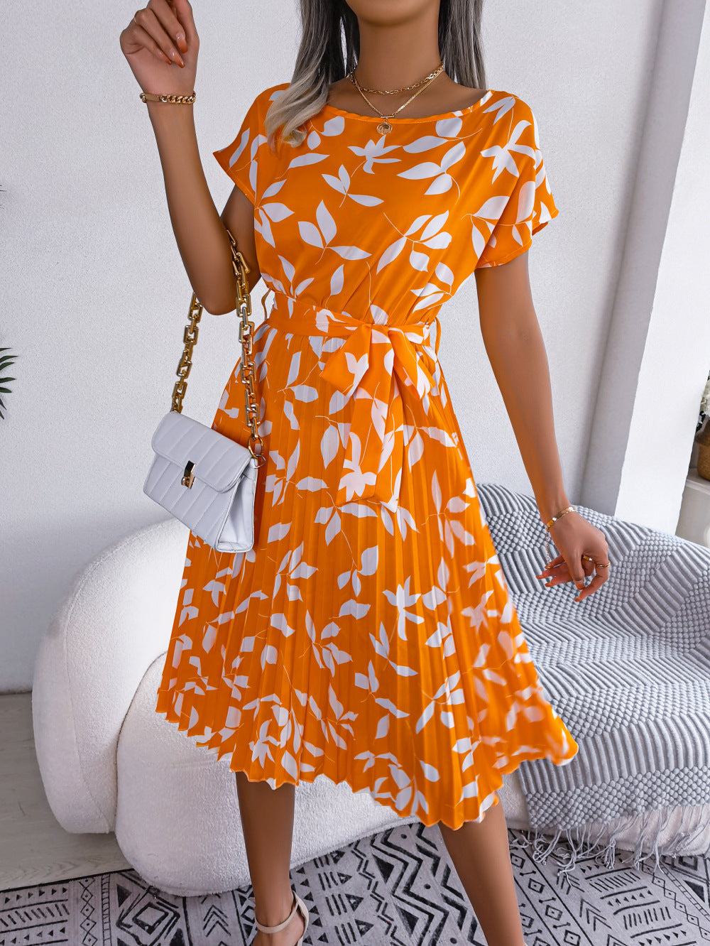 Printed Round Neck Short Sleeve Pleated Dress Print on any thing USA/STOD clothes