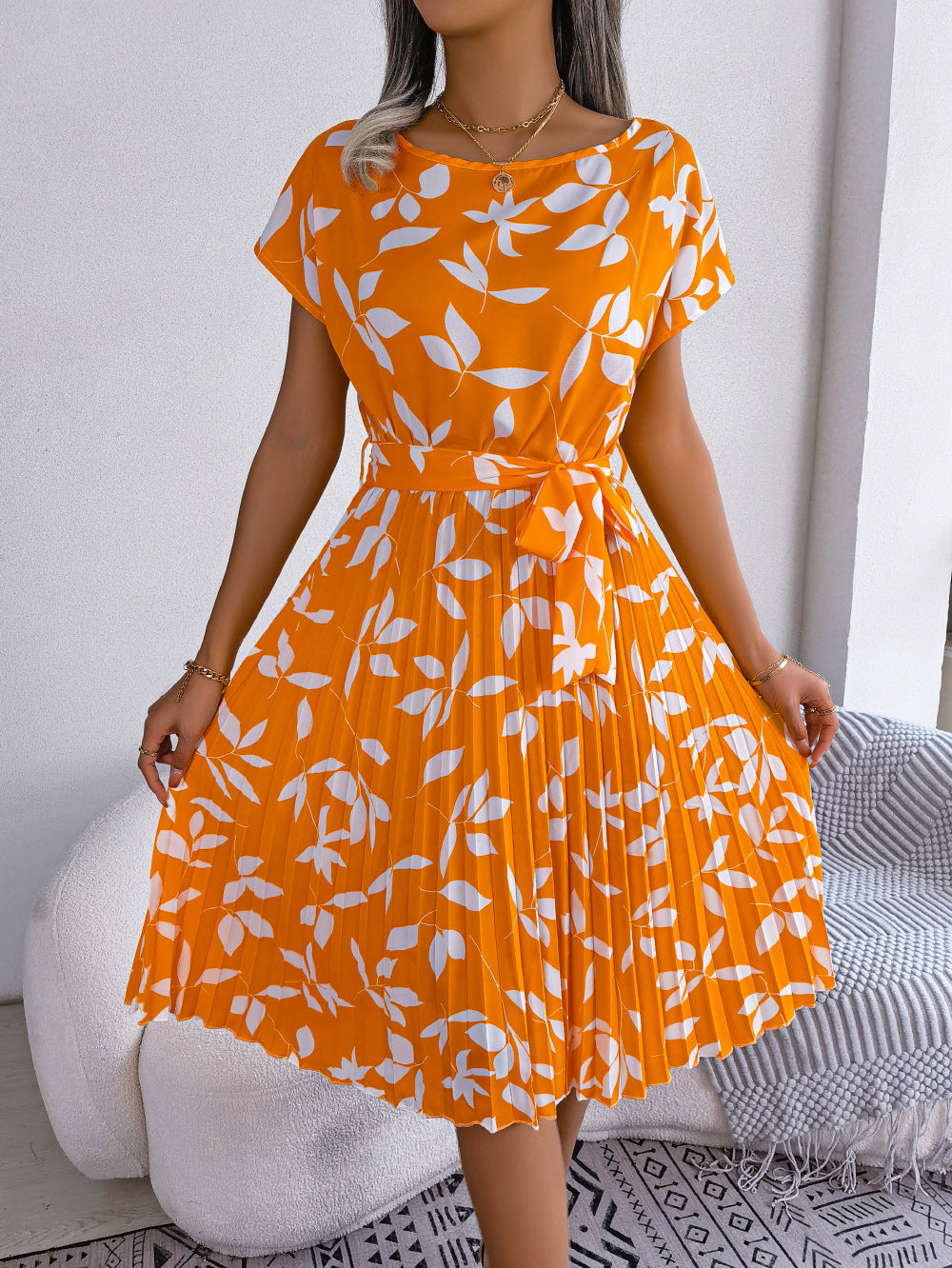 Printed Round Neck Short Sleeve Pleated Dress Print on any thing USA/STOD clothes