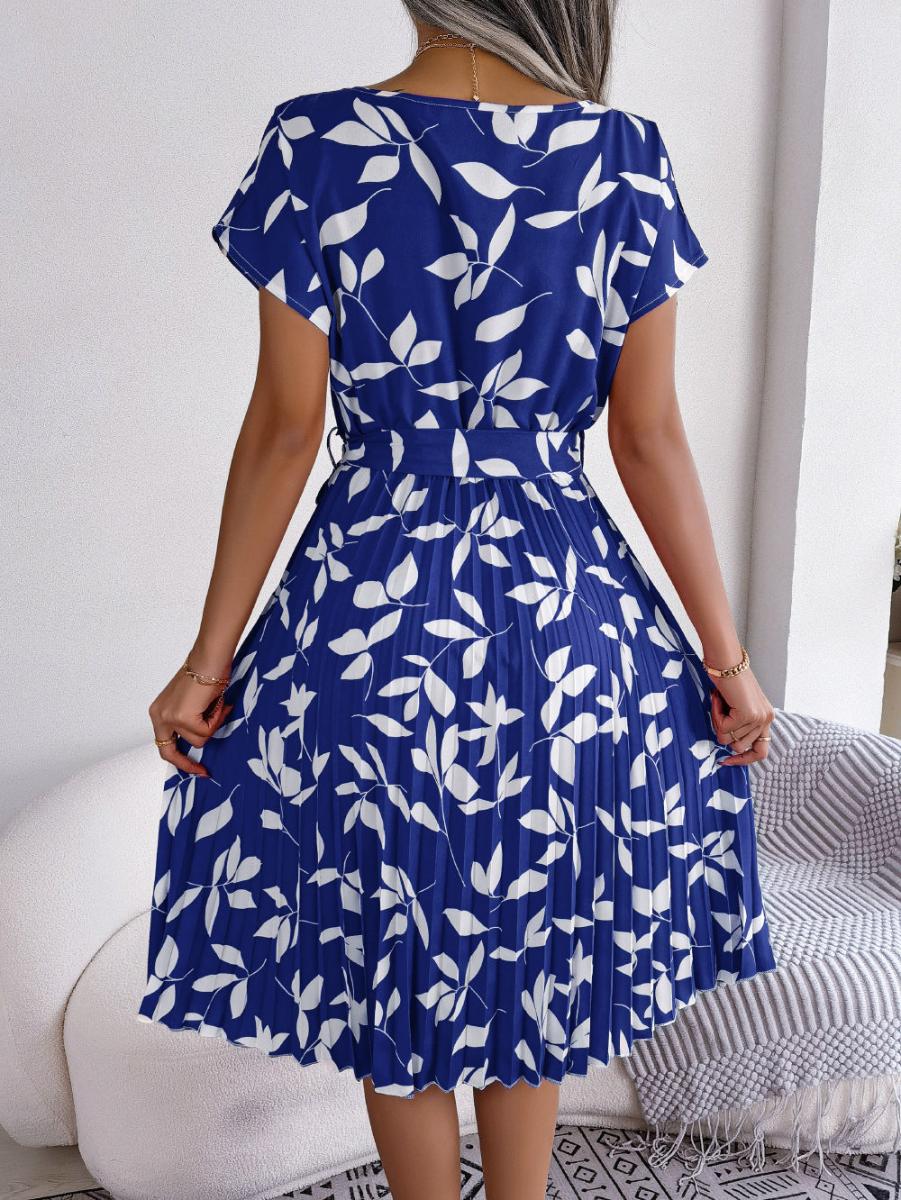 Printed Round Neck Short Sleeve Pleated Dress Print on any thing USA/STOD clothes