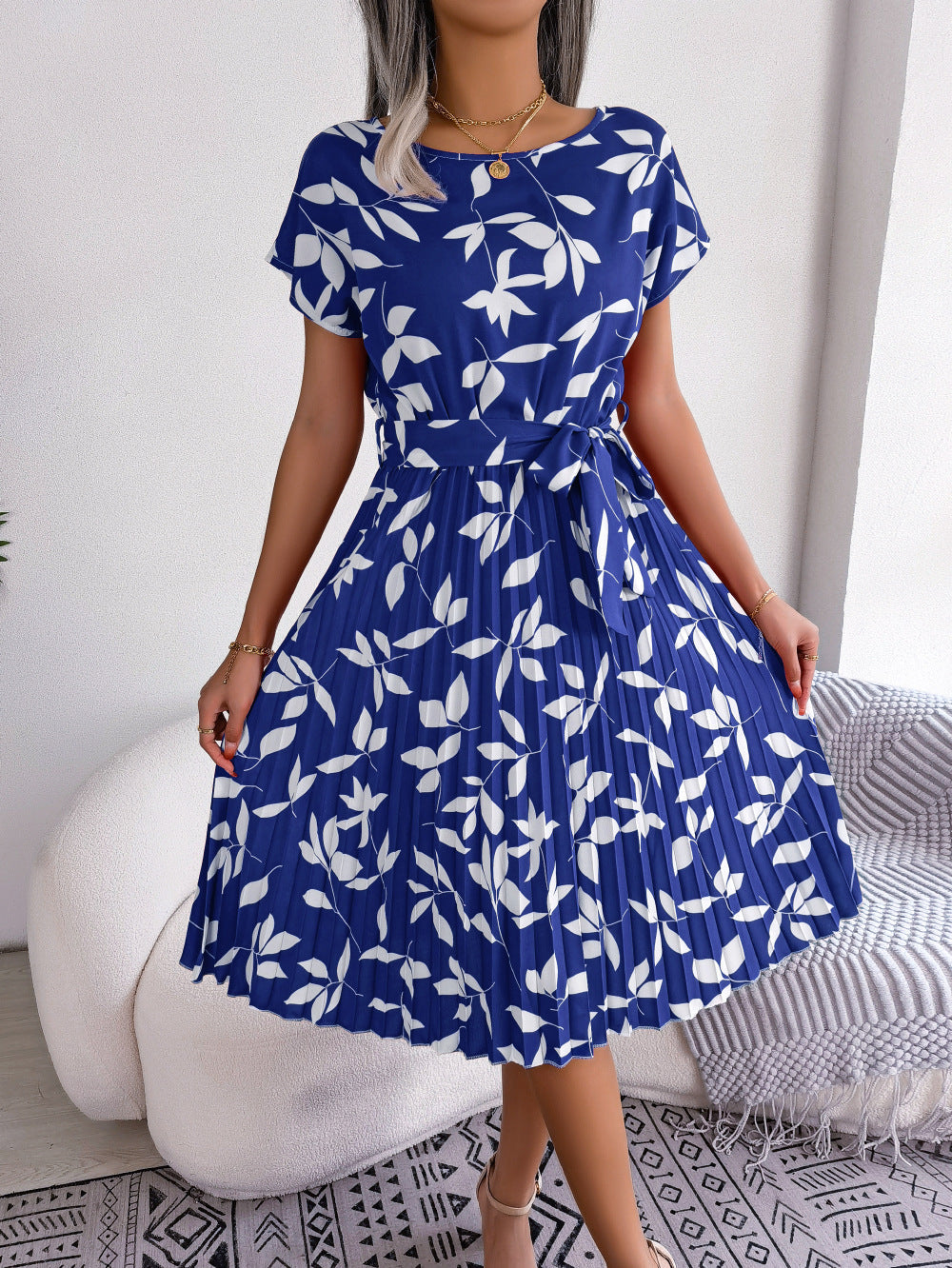 Printed Round Neck Short Sleeve Pleated Dress Print on any thing USA/STOD clothes