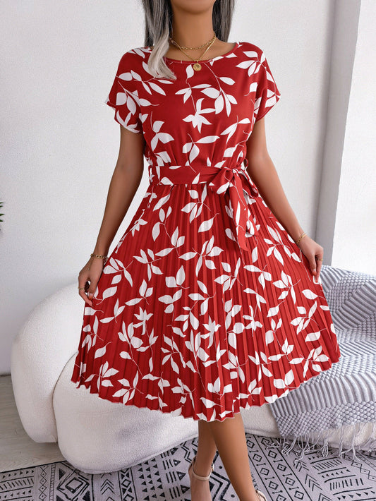Printed Round Neck Short Sleeve Pleated Dress Print on any thing USA/STOD clothes