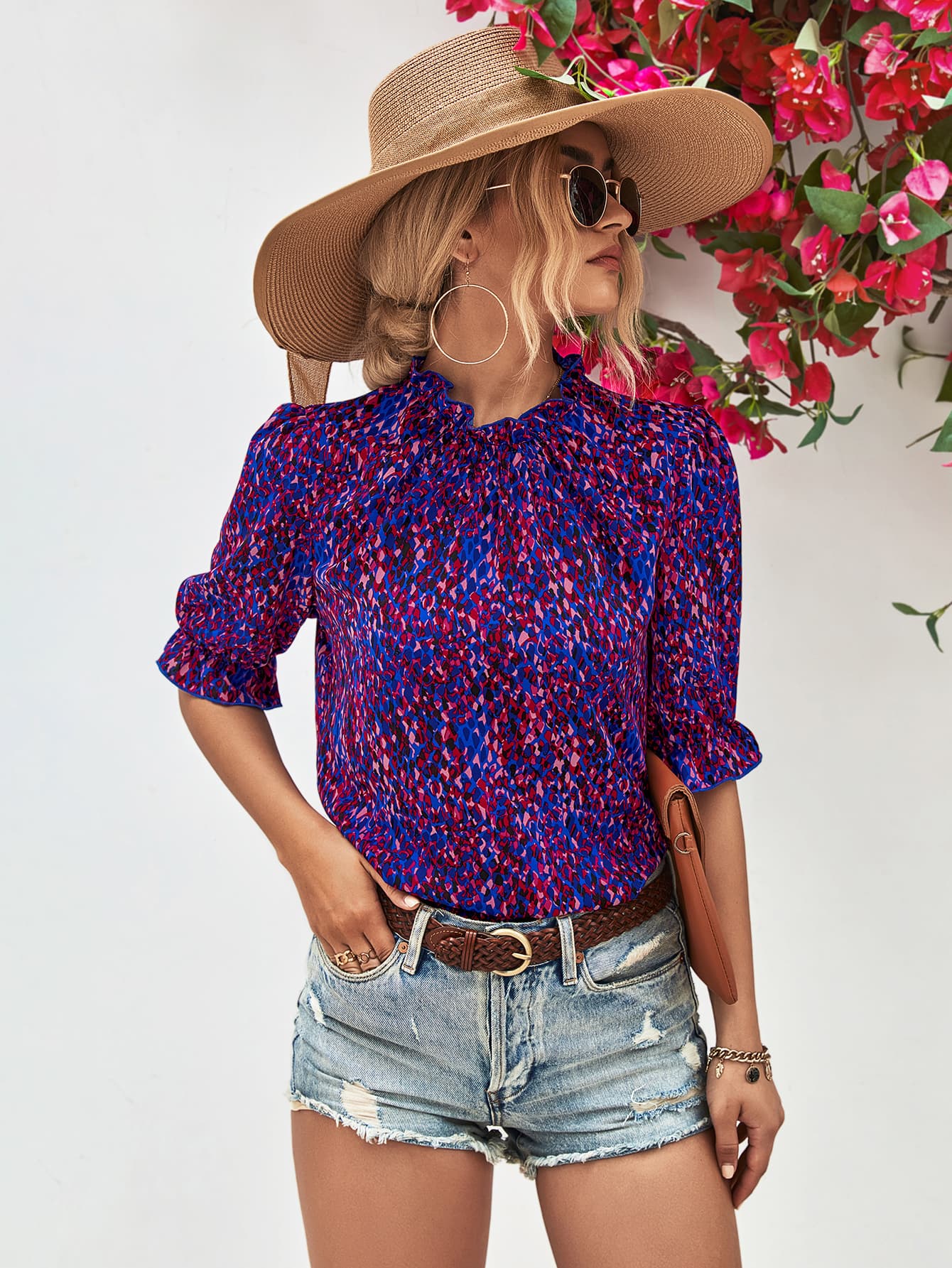 Printed Ruffle Collar Flounce Sleeve Blouse Print on any thing USA/STOD clothes
