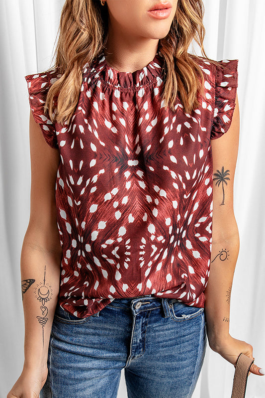 Printed Ruffle Shoulder Blouse Print on any thing USA/STOD clothes