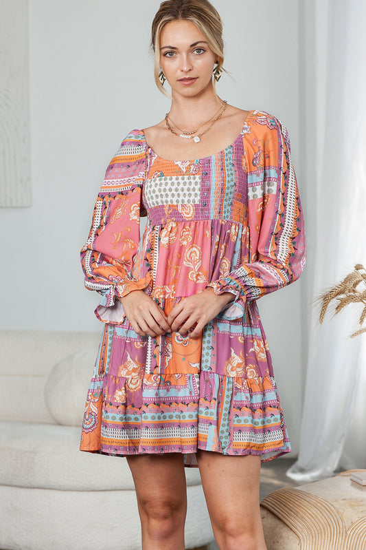 Printed Scoop Neck Flounce Sleeve Dress Print on any thing USA/STOD clothes