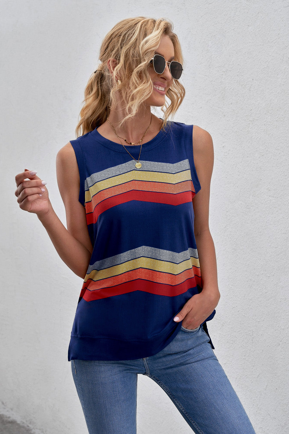 Printed Side Slit Round Neck Tank Print on any thing USA/STOD clothes