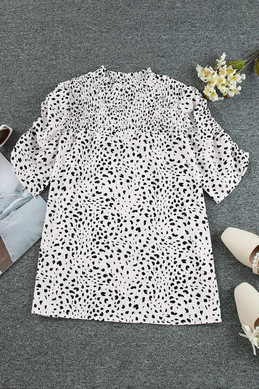 Printed Smocked Mock Neck Blouse Print on any thing USA/STOD clothes
