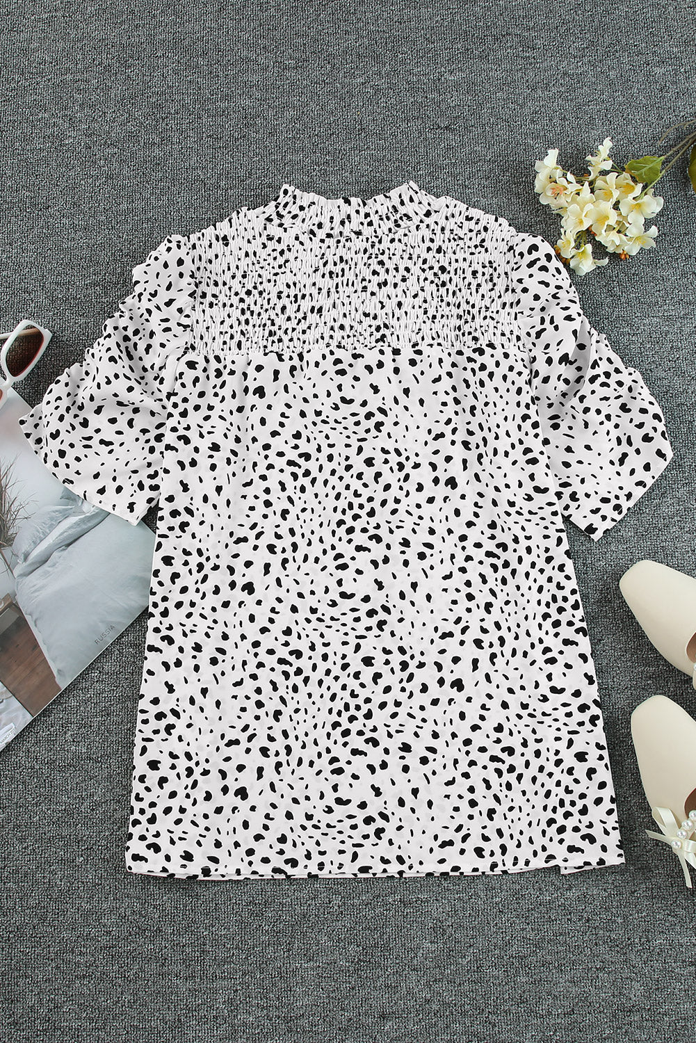 Printed Smocked Mock Neck Blouse Print on any thing USA/STOD clothes