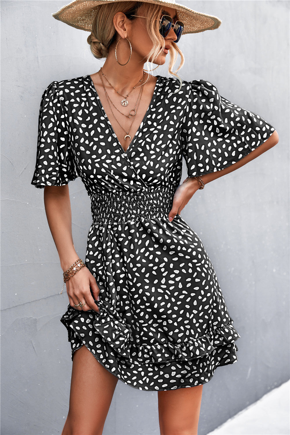 Printed Smocked Waist Layered Surplice Dress Print on any thing USA/STOD clothes