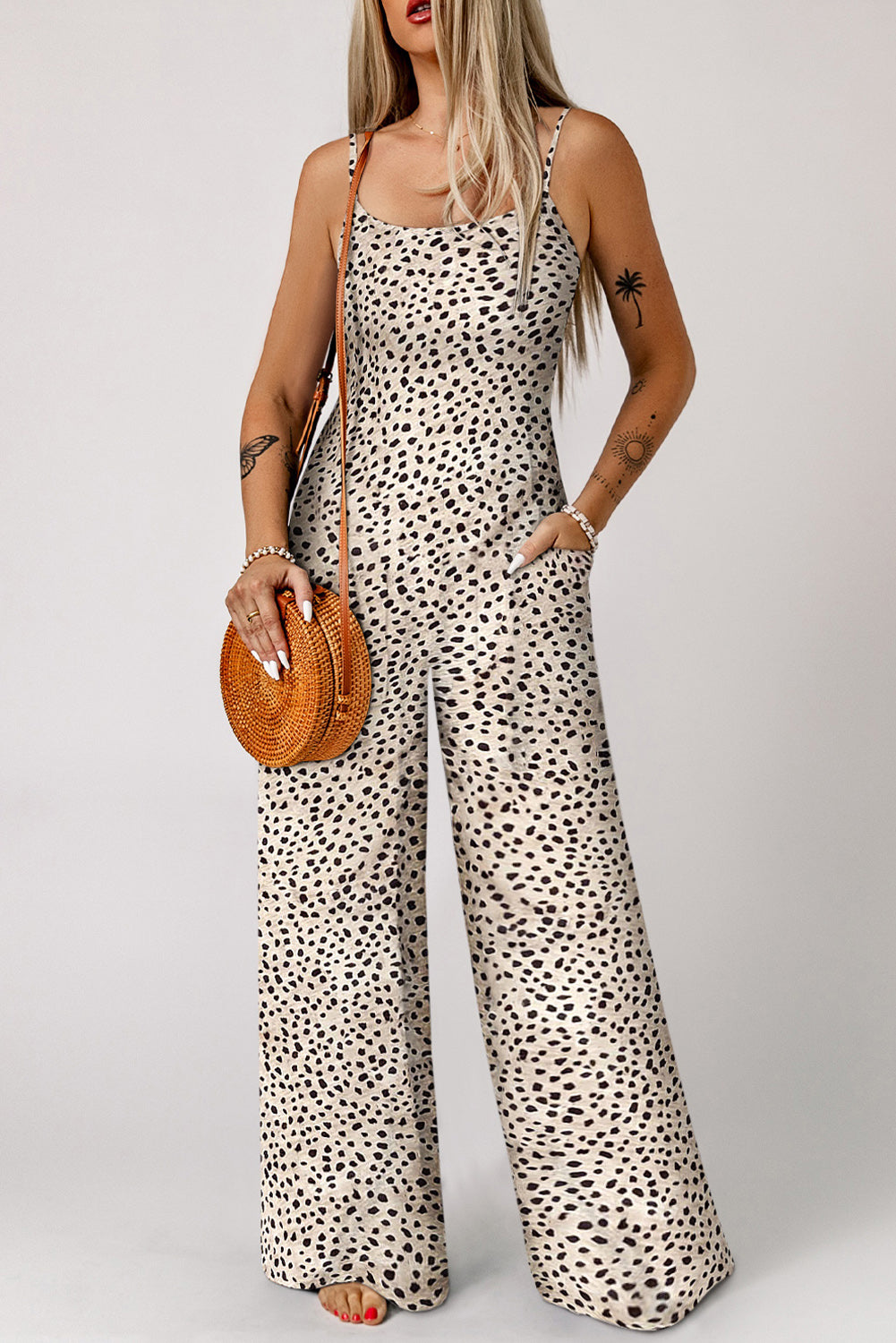 Printed Spaghetti Strap Jumpsuit with Pockets Print on any thing USA/STOD clothes