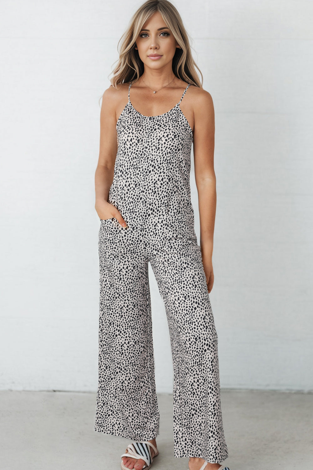 Printed Spaghetti Strap Jumpsuit with Pockets Print on any thing USA/STOD clothes