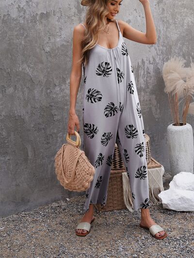 Printed Spaghetti Strap Jumpsuit with Pockets Print on any thing USA/STOD clothes