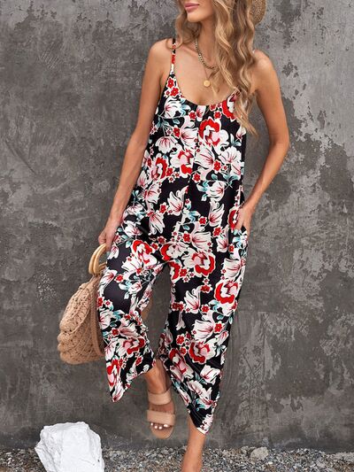 Printed Spaghetti Strap Jumpsuit with Pockets Print on any thing USA/STOD clothes