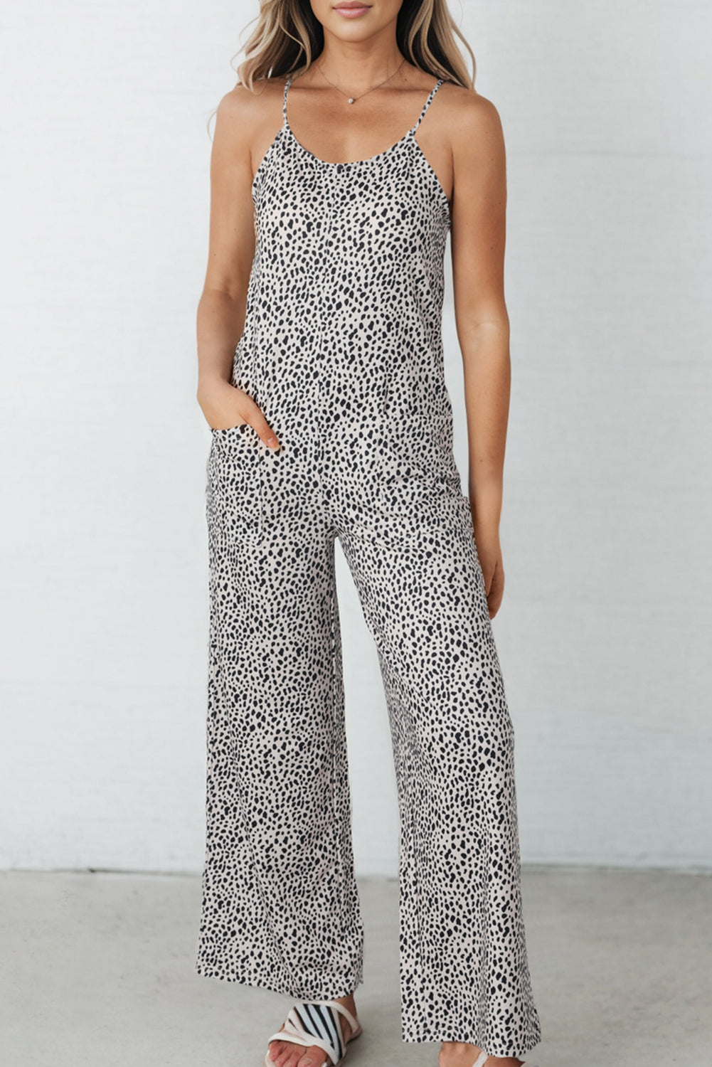 Printed Spaghetti Strap Jumpsuit with Pockets Print on any thing USA/STOD clothes