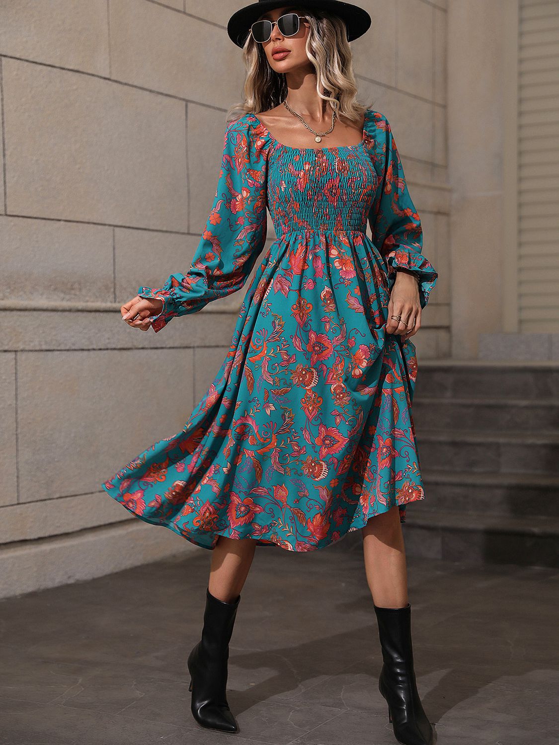 Printed Square Neck Flounce Sleeve Dress Print on any thing USA/STOD clothes