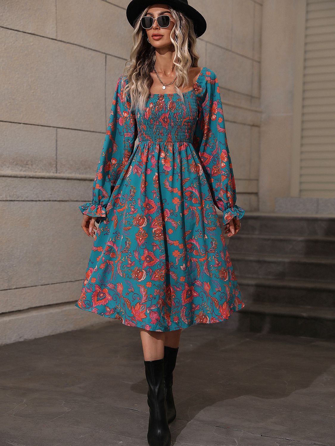 Printed Square Neck Flounce Sleeve Dress Print on any thing USA/STOD clothes