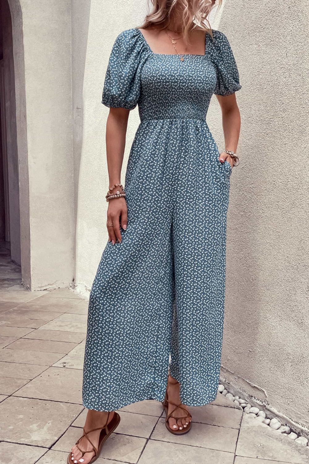 Printed Square Neck Jumpsuit with Pockets Print on any thing USA/STOD clothes