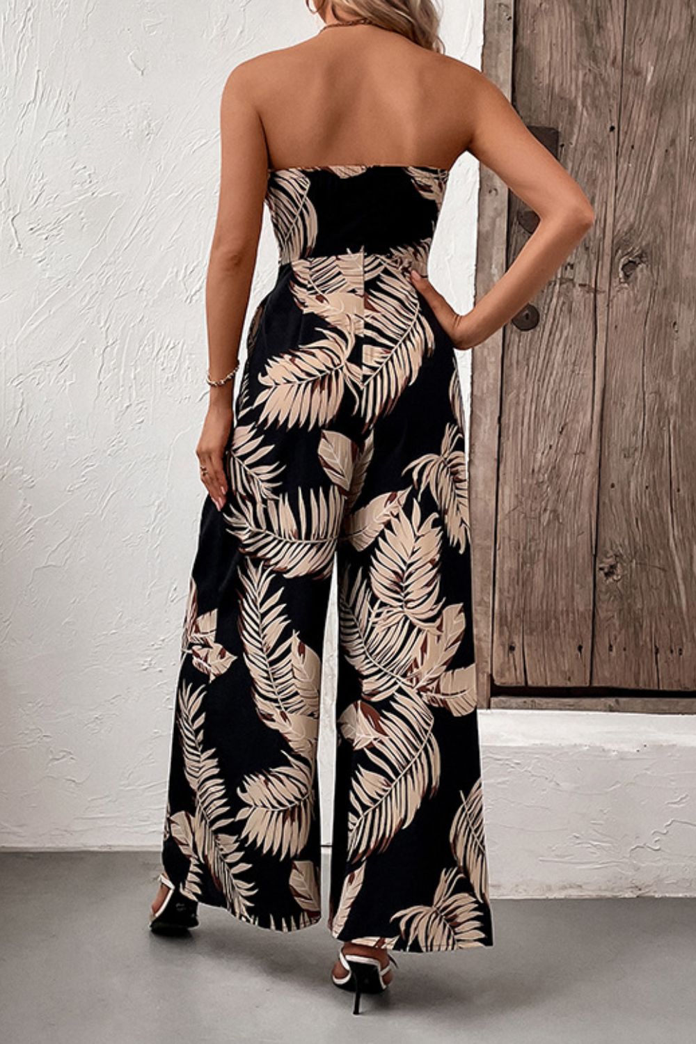 Printed Strapless Wide Leg Jumpsuit with Pockets Print on any thing USA/STOD clothes