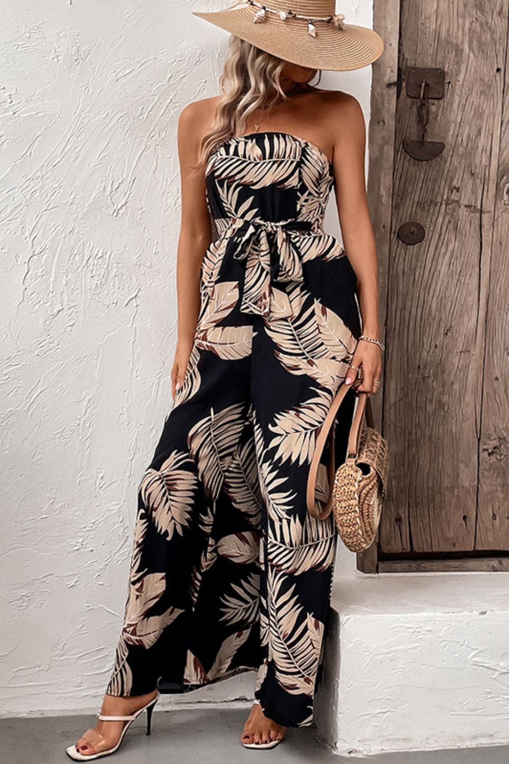 Printed Strapless Wide Leg Jumpsuit with Pockets Print on any thing USA/STOD clothes