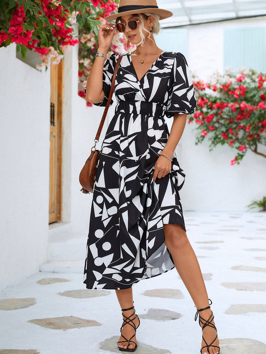 Printed Surplice Balloon Sleeve Dress Print on any thing USA/STOD clothes