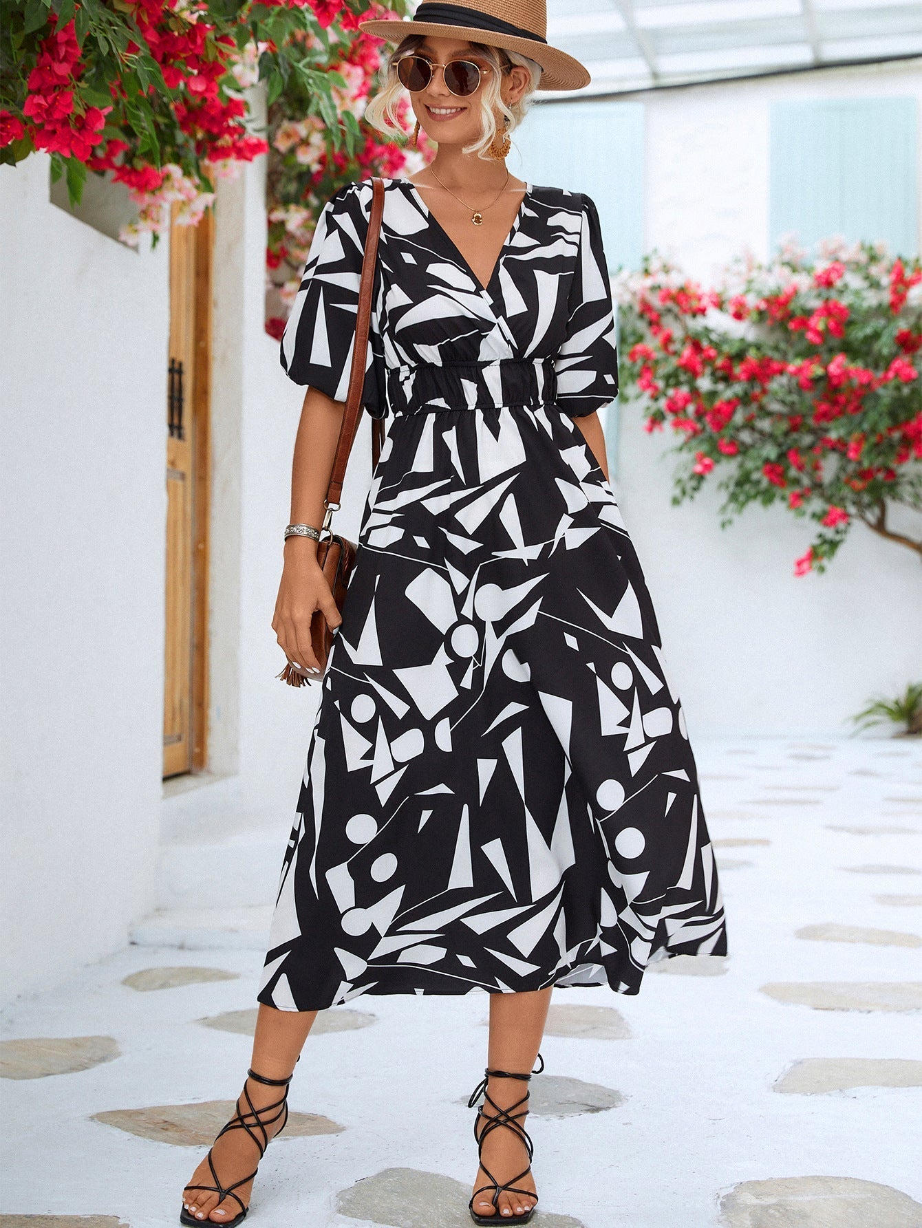 Printed Surplice Balloon Sleeve Dress Print on any thing USA/STOD clothes