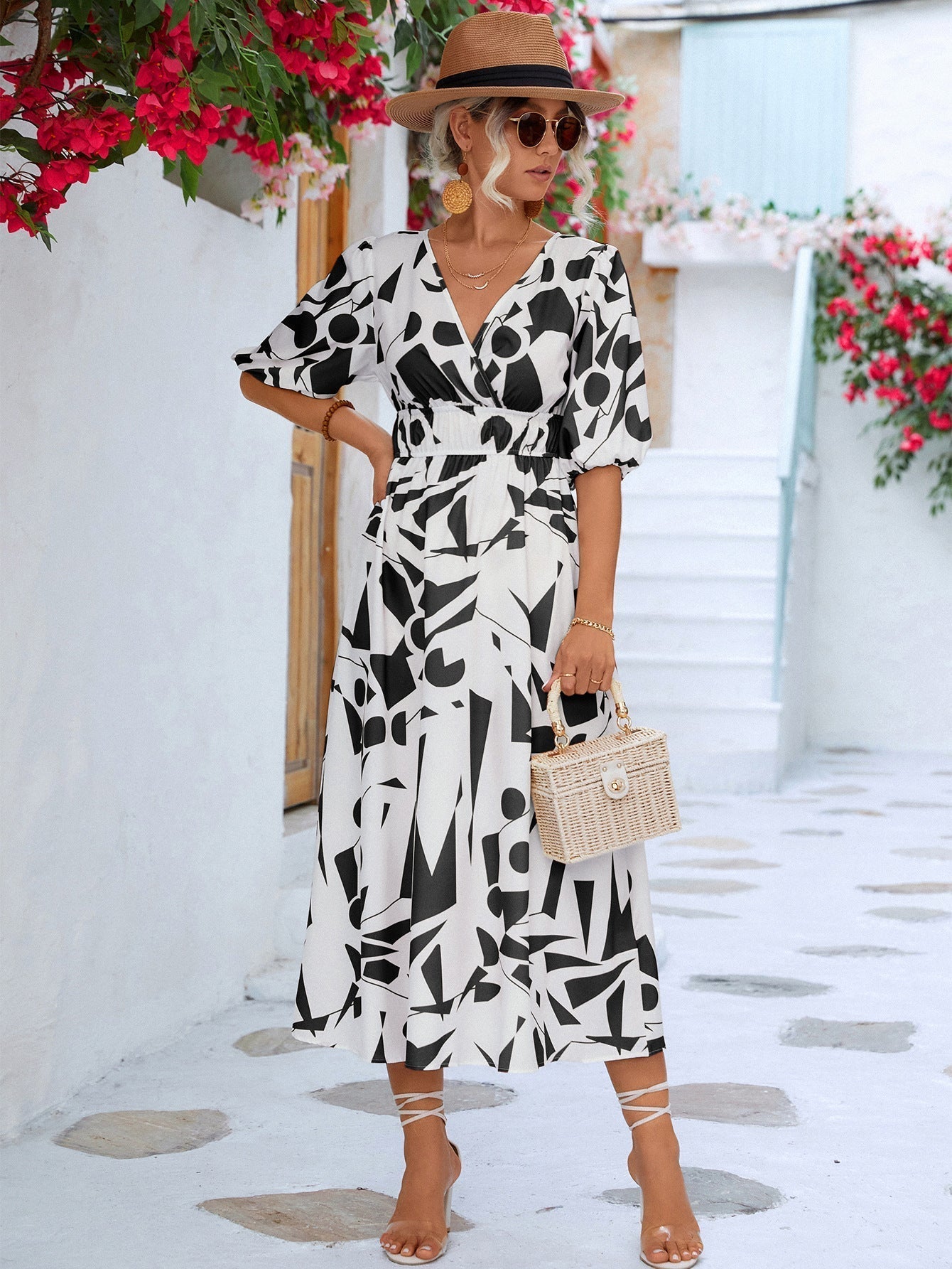 Printed Surplice Balloon Sleeve Dress Print on any thing USA/STOD clothes