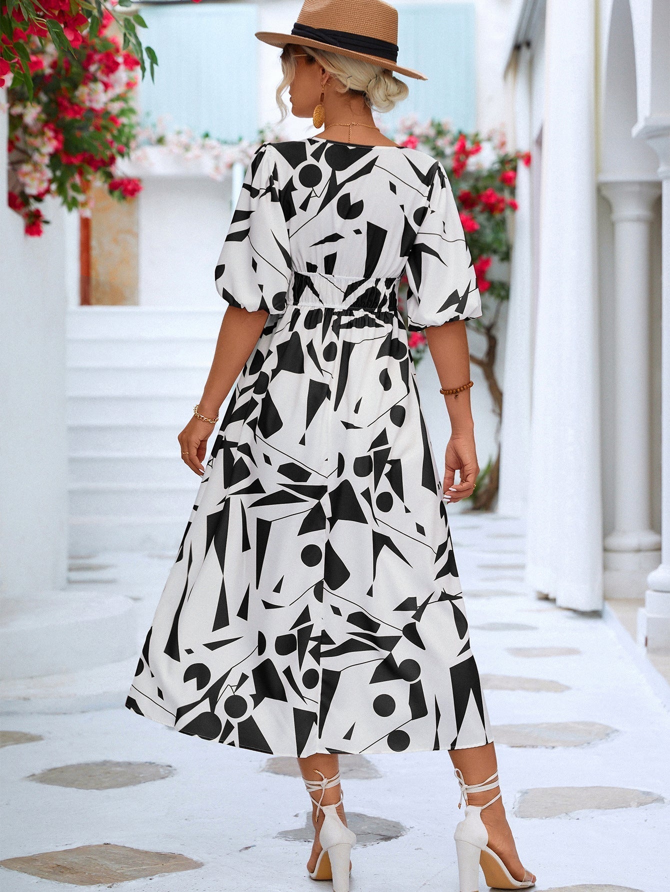 Printed Surplice Balloon Sleeve Dress Print on any thing USA/STOD clothes