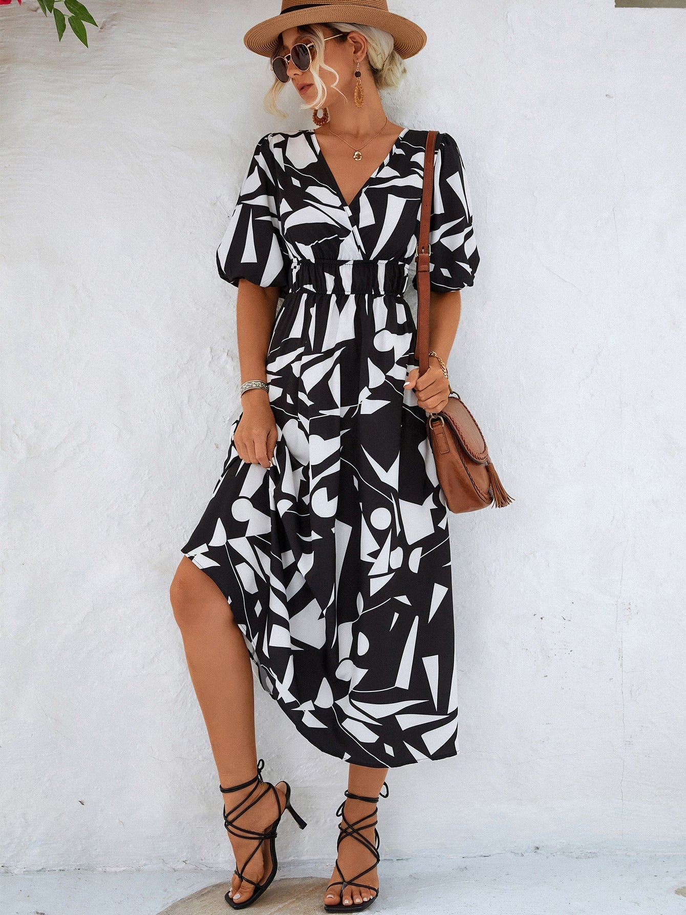 Printed Surplice Balloon Sleeve Dress Print on any thing USA/STOD clothes