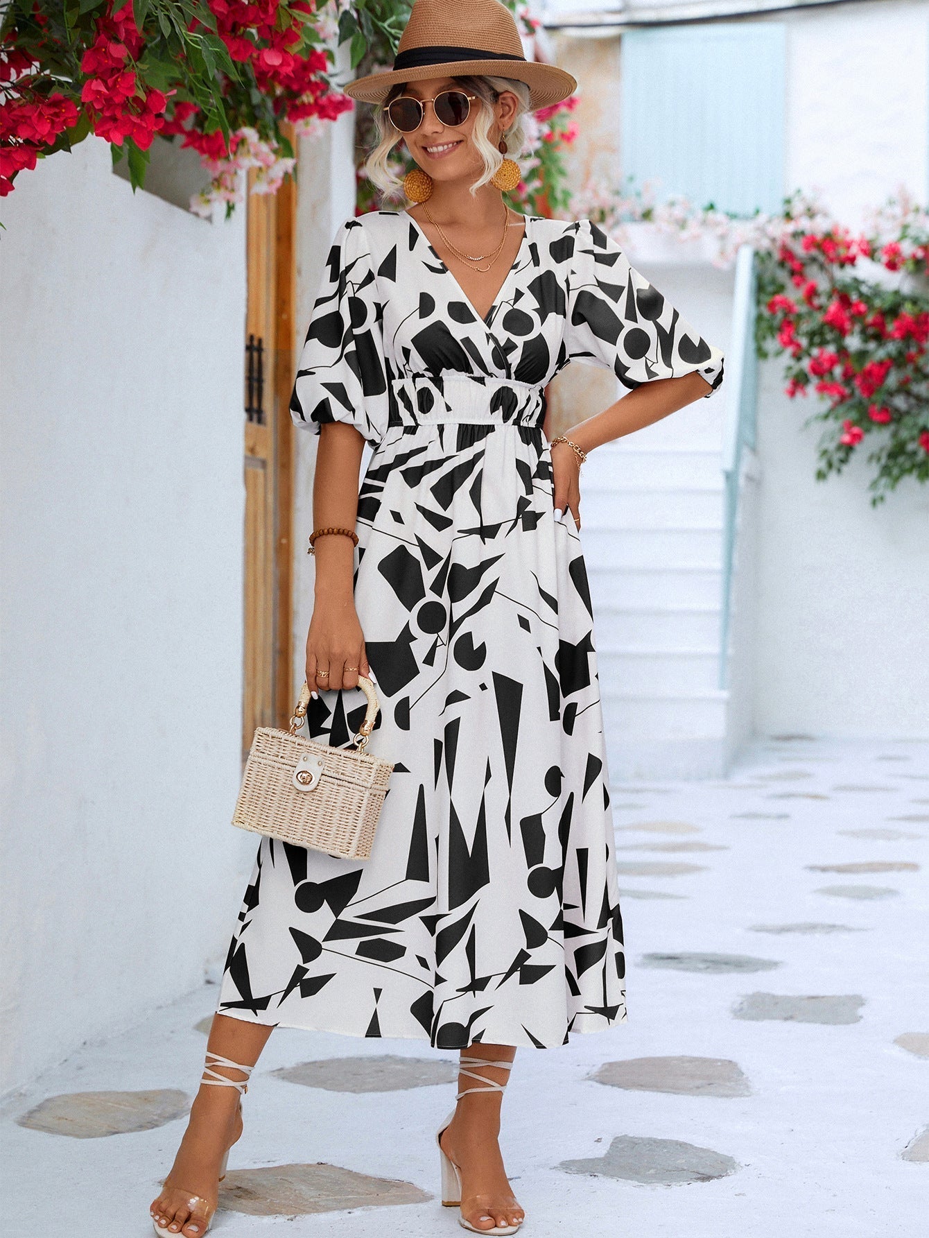 Printed Surplice Balloon Sleeve Dress Print on any thing USA/STOD clothes