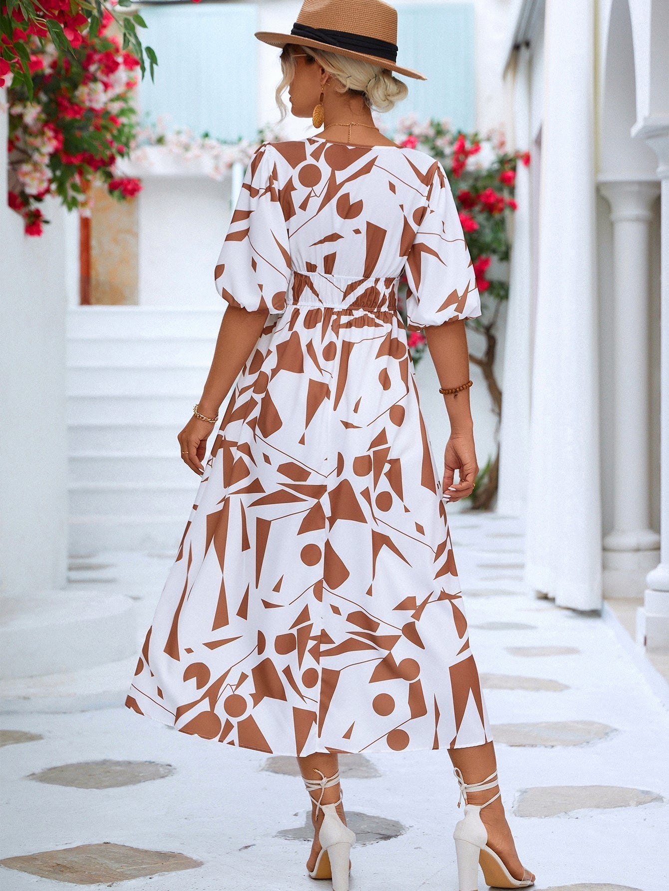 Printed Surplice Balloon Sleeve Dress Print on any thing USA/STOD clothes