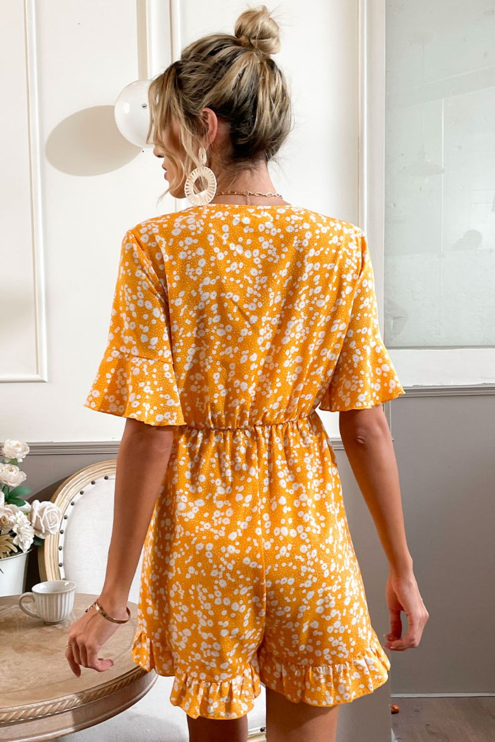 Printed Surplice Neck Ruffled Romper Print on any thing USA/STOD clothes