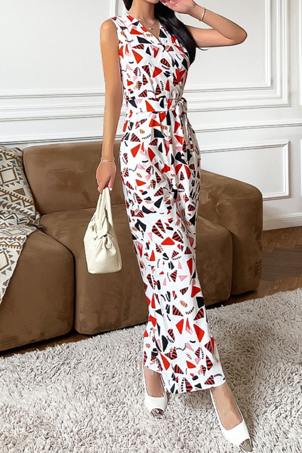 Printed Surplice Neck Sleeveless Jumpsuit Print on any thing USA/STOD clothes