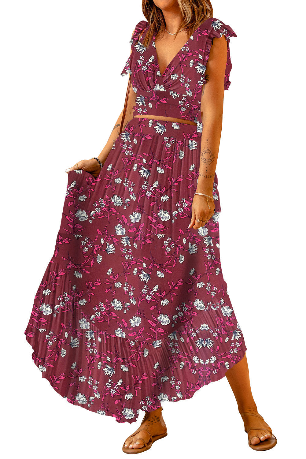 Printed Tie Back Cropped Top and Maxi Skirt Set Print on any thing USA/STOD clothes