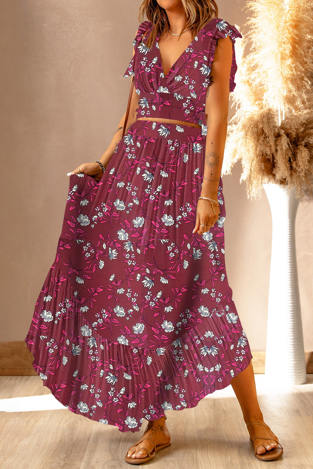 Printed Tie Back Cropped Top and Maxi Skirt Set Print on any thing USA/STOD clothes