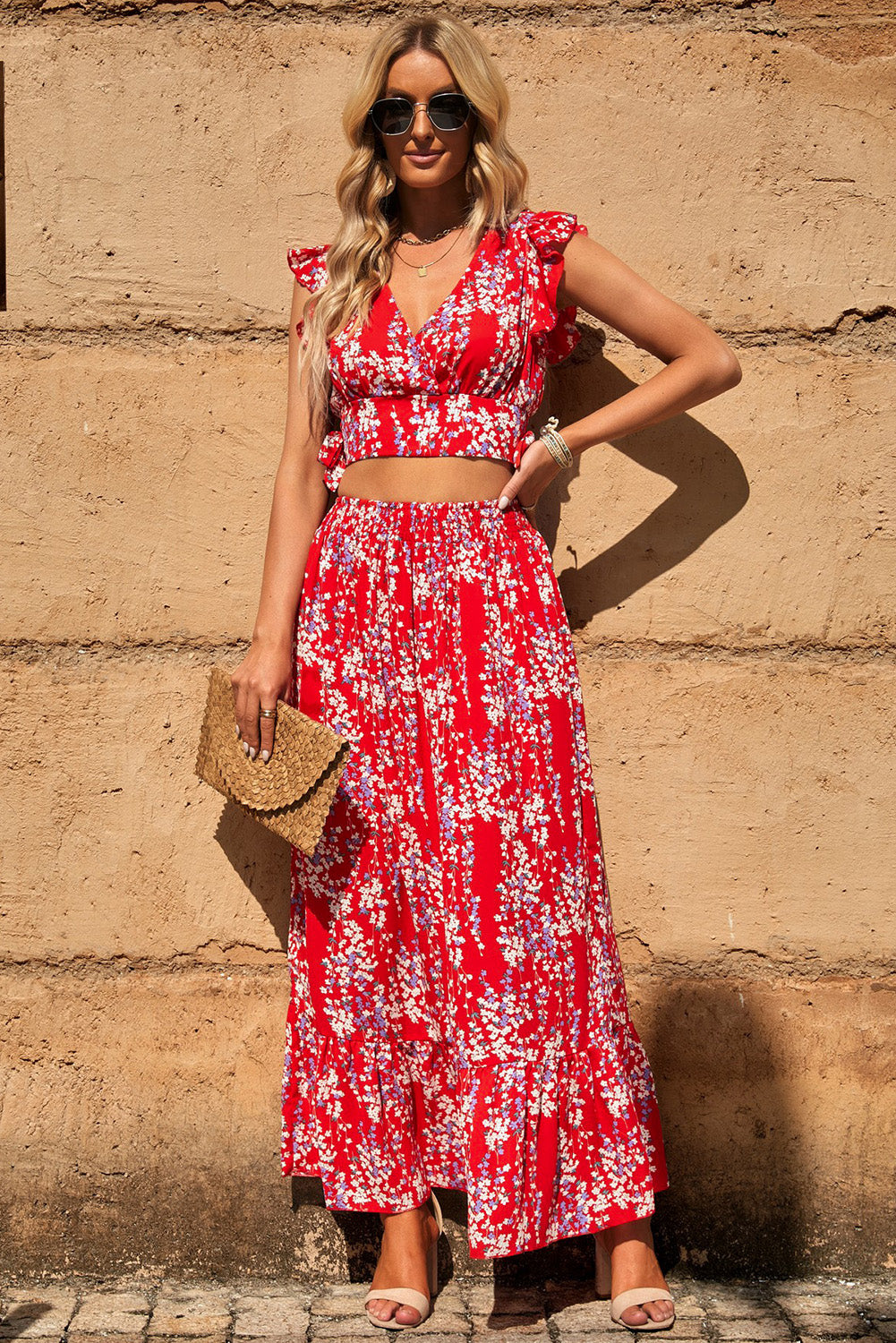 Printed Tie Back Cropped Top and Maxi Skirt Set Print on any thing USA/STOD clothes